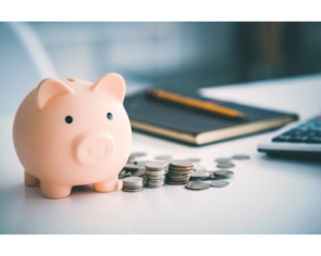 Das Bild zeigt ein Sparschwein, ein Notizbuch und Geldmünzen