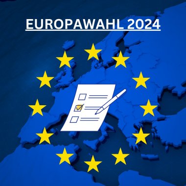 Blauer Hintergrund, gelbe Europasterne, ein animierter Stimmzettel und die Überschrift Europawahl 2024