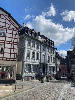 Haus Troistorff Das Bild zeigt ein großes Gebäude mit vielen Fenstern und einer großen Treppe. Davor steht ein Metallbaum mit blauen Blättern auf denen etwas eingraviert ist. Daneben stehen weitere Gebäude die nicht ganz auf dem Bild sind.
