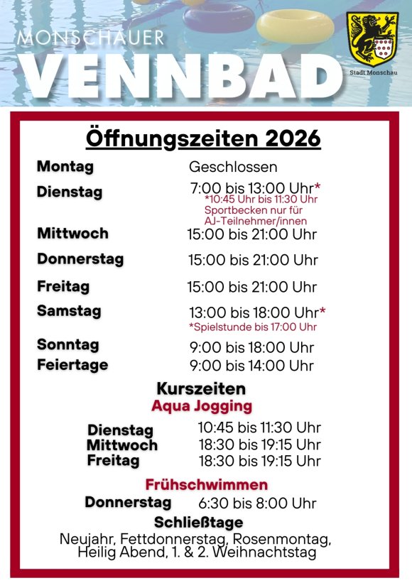 Öffnungszeiten Vennbad 2026